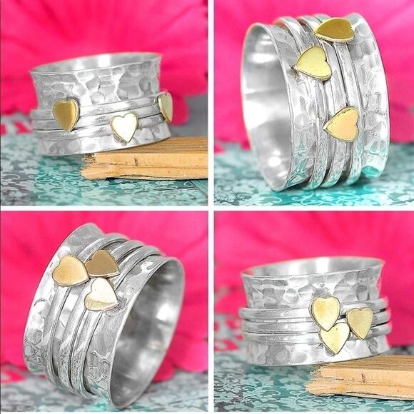 COPY - 925 Sterling Silver Spinner Ring Brass Hearts Fidget Ring, Hand Hammered… - Picture 3 of 8